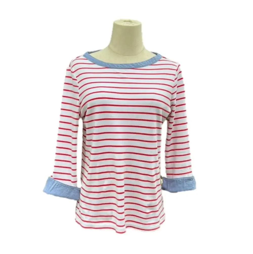 NAUTICAL RED White Striped SAILOR Top Chambray Trim Crew Neck Medium - Picture 1 of 8